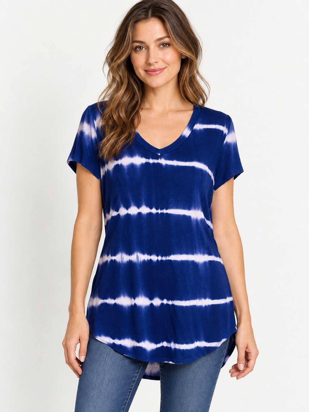 Leshop Navy Blue White Shibori Tie Dye V-Neck Tunic Top S/P – Rayon Stretch